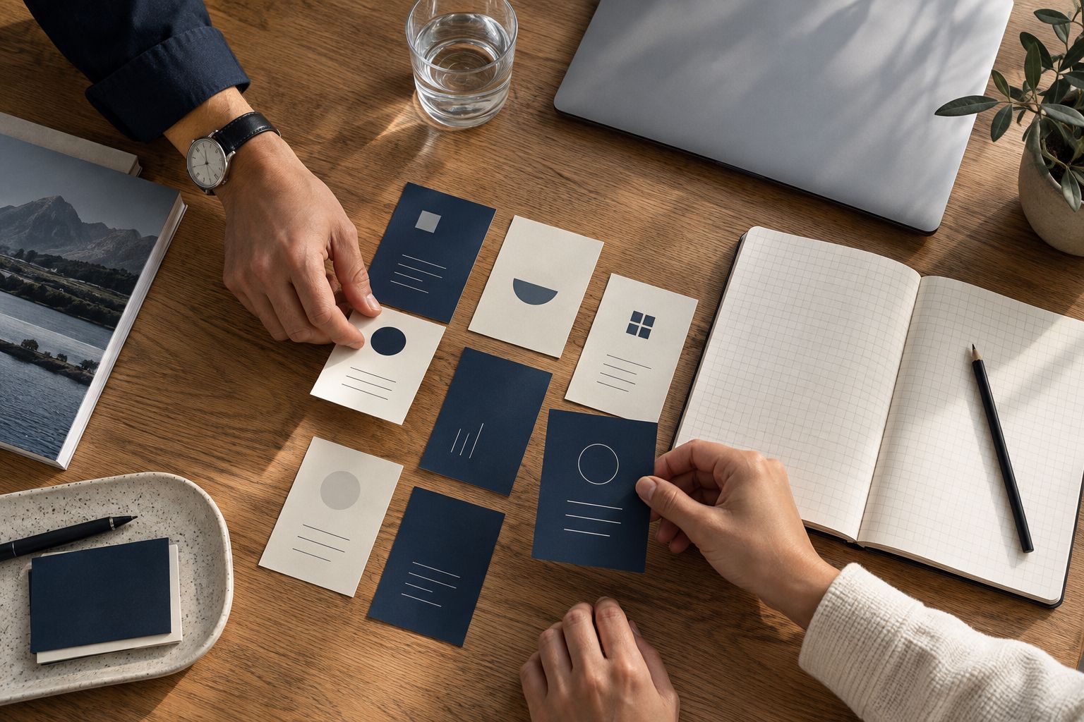 AI-generated illustration of hands arranging project scope cards on a meeting table.